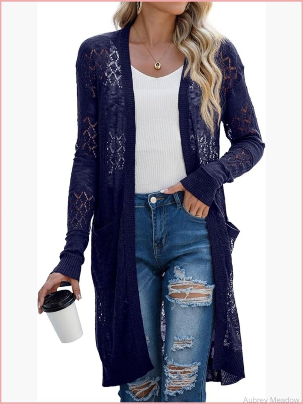 Lightweight Crochet Open-Front Cardigan with Pockets Long Sleeve
